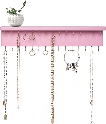 Miniatura 7 de SANY DAYO HOME Organizador de joyas con 24 ganchos y estante para cosméticos, 12 x 3 x 4 pulgadas, soporte de madera de pino rústico montado en la