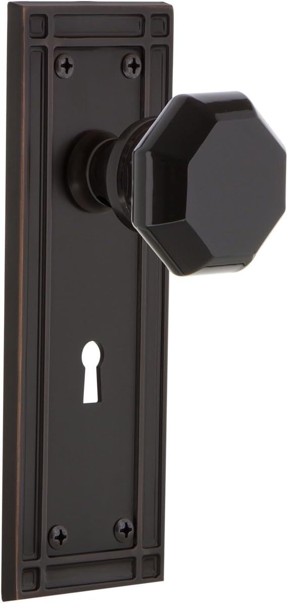 Nostalgic Warehouse 722928 Mission Plate Waldorf Black Door Knob in Satin Nickel, Single Dummy with Keyhole