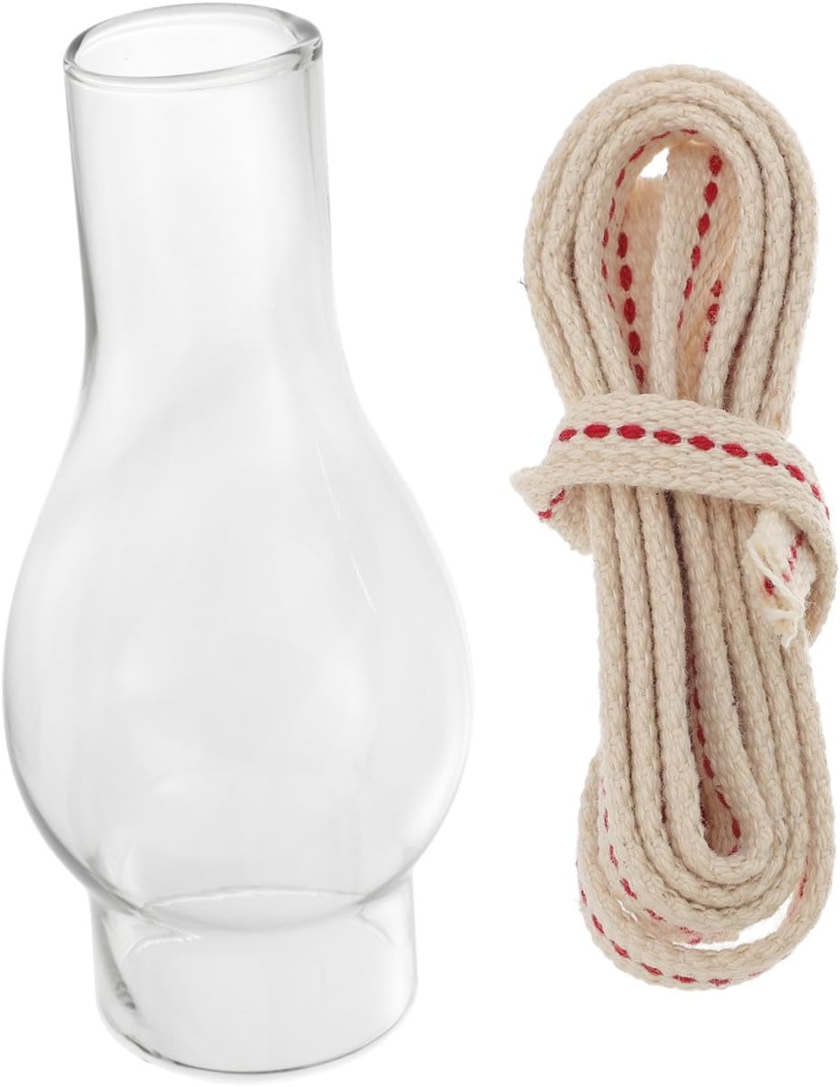 Glass Kerosene Lamp Shade with 1cm Wide Wick 1m Length, Original L555 Glass Chimney Oil Lampshade Replacement Set for Vintage Oil Lanterns, 2pcs Kit for Indoor Lighting