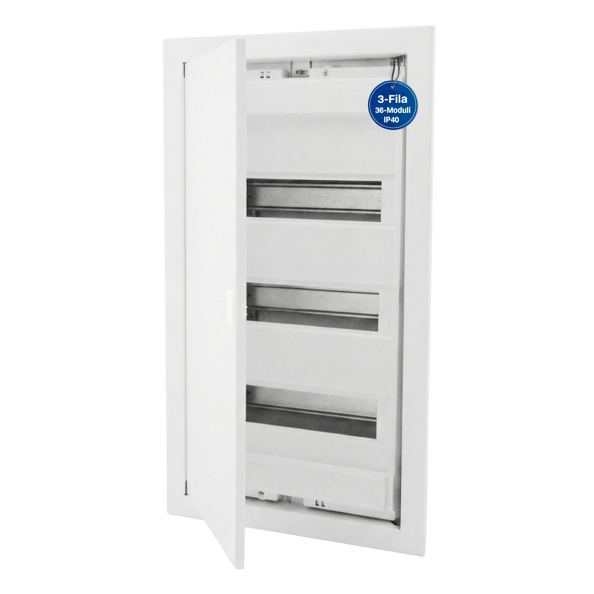 Intratec Quadro Elettrico da Incasso 3 File – Centralino di Distribuzione IP40 per 36 Moduli con Porta Metallica Bianca e Guida DIN per Impianti Elettrici Interni – 346 x 94 x 592mm