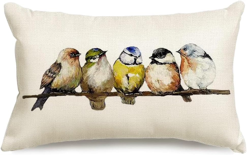 RABUSOFA Watercolor Birds Pillows Decorative Throw Pillows 12x20,Hand-Painted Oil Painting Rustic Birds Lumbar Pillow Cases,Cute Colorful Spring Summer Decorations for Home Couch Sofa Outdoor Yellow 12"x20"