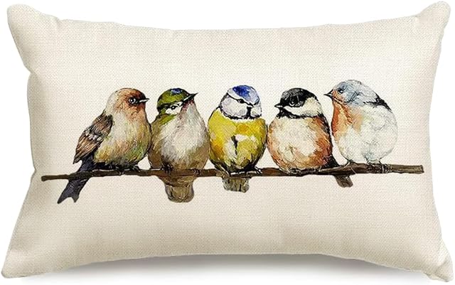 RABUSOFA Watercolor Birds Pillows Decorative Throw Pillows 12x20,Hand-Painted Oil Painting Rustic Birds Lumbar Pillow Cases,Cute Colorful Spring Decorations for Home Couch Sofa Outdoor
