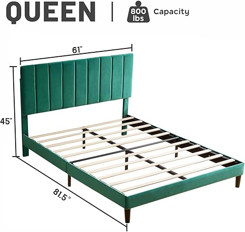 Miniatura 2 de Base de cama moderna tapizada de tamaño Queen con cabecera de terciopelo y soporte de listones de madera resistente, antideslizante, sin ruido,