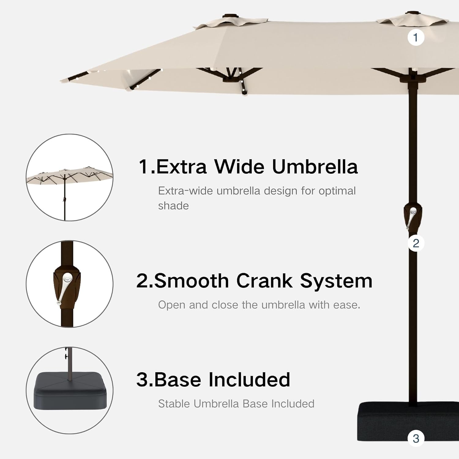Kingdura 15ft Large Patio Umbrella with Solar Lights, Double-Sided Rectangle Lighted Outdoor Table Umbrella with Base Included, 12 Reinforced Ribs, 48 Led Lights, Crank Lift for Market Pool Deck Backyard, Beige
