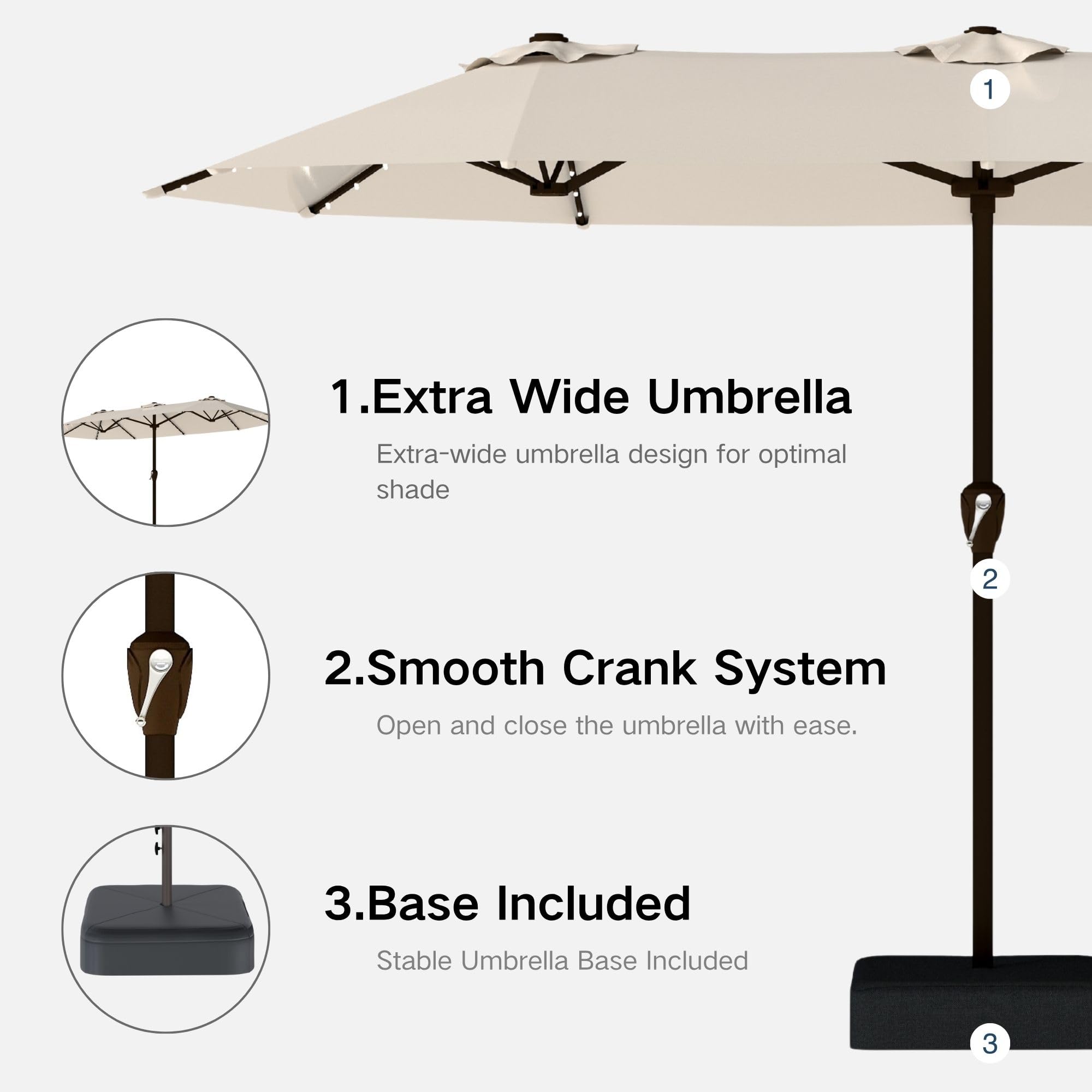 Kingdura 15ft Large Patio Umbrella with Solar Lights, Double-Sided Rectangle Lighted Outdoor Table Umbrella with Base Included, 12 Reinforced Ribs, 48 Led Lights, Crank Lift for Market Pool Deck Backyard