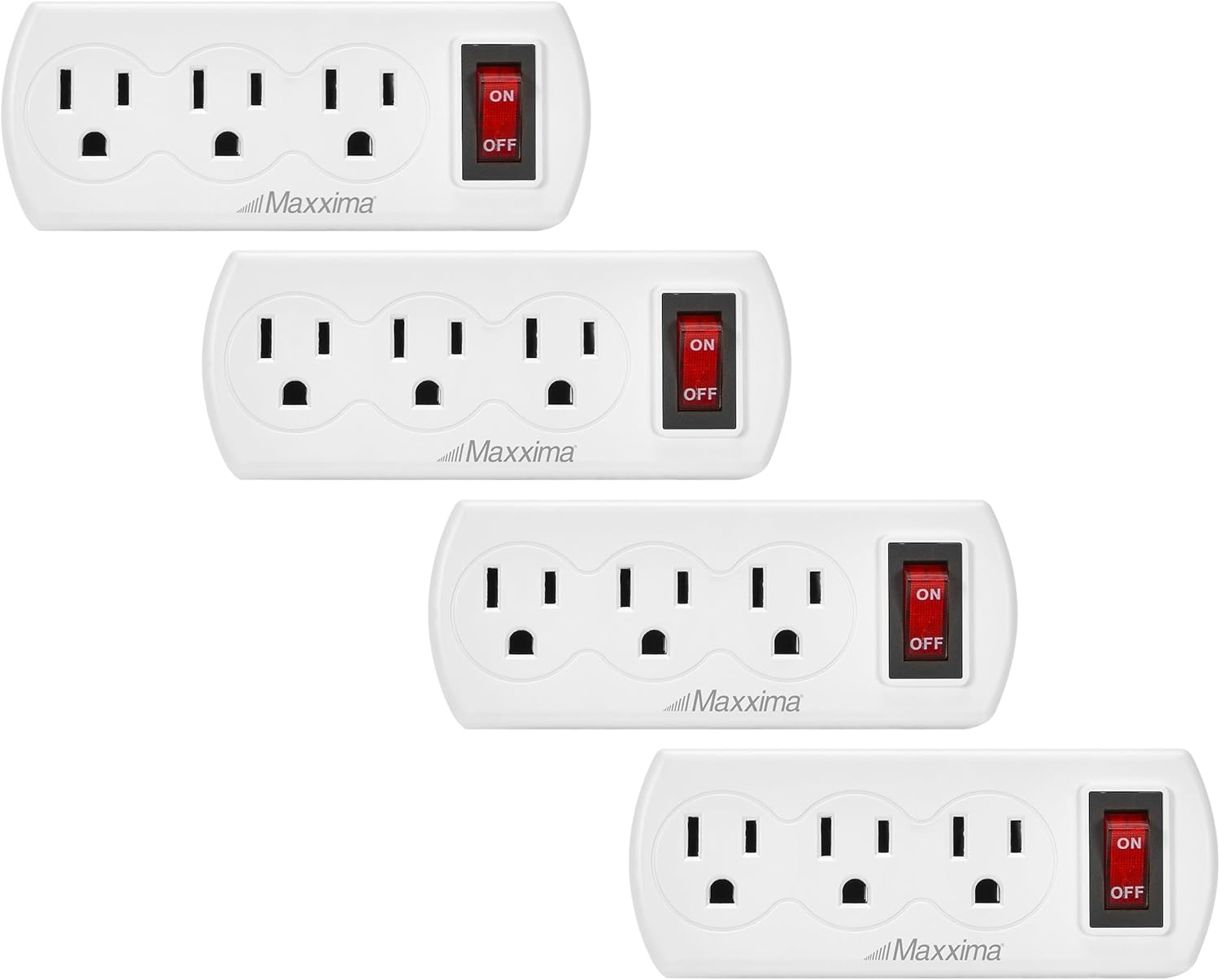 Maxxima 3 Outlet Grounded Wall Plug Adapter with On/Off Switch, Electrical Wall Tap Outlet Splitter, Multi-Plug Extender for Extra Outlet Space, Convenient for Travel - 4 Pack