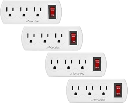 Maxxima 3 Outlet Grounded Wall Plug Adapter with On/Off Switch, Electrical Wall Tap Outlet Splitter, Multi-Plug Extender for Extra Outlet Space, Convenient for Travel - 4 Pack