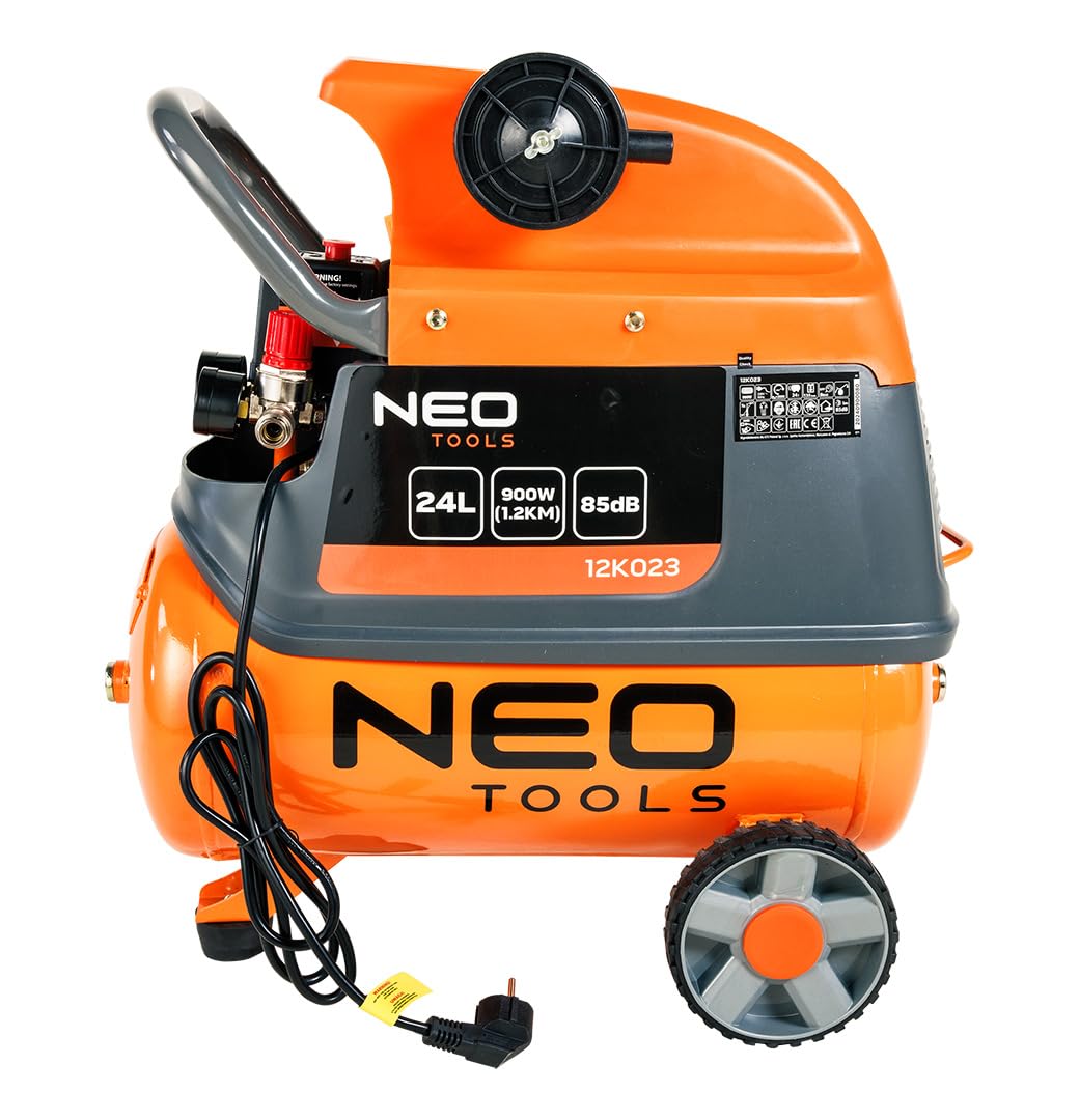 NEO TOOLS Compressore d'aria da 24 litri, pressione massima 8 bar, 900 W, 135 l/min, compressore olio, compressore olio con valvola di scarico, compressore su ruote 570 x 306 x 670 mm