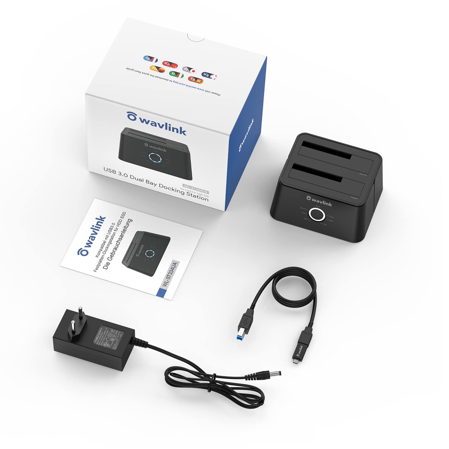 WAVLINK Base de conexión Docking Station USB 3.0 a SATA, Doble bahias con Clone Offline para 2,5, 3,5 Pulgadas Disco Duro, HDD, SSD,Soporta UASP,Negro