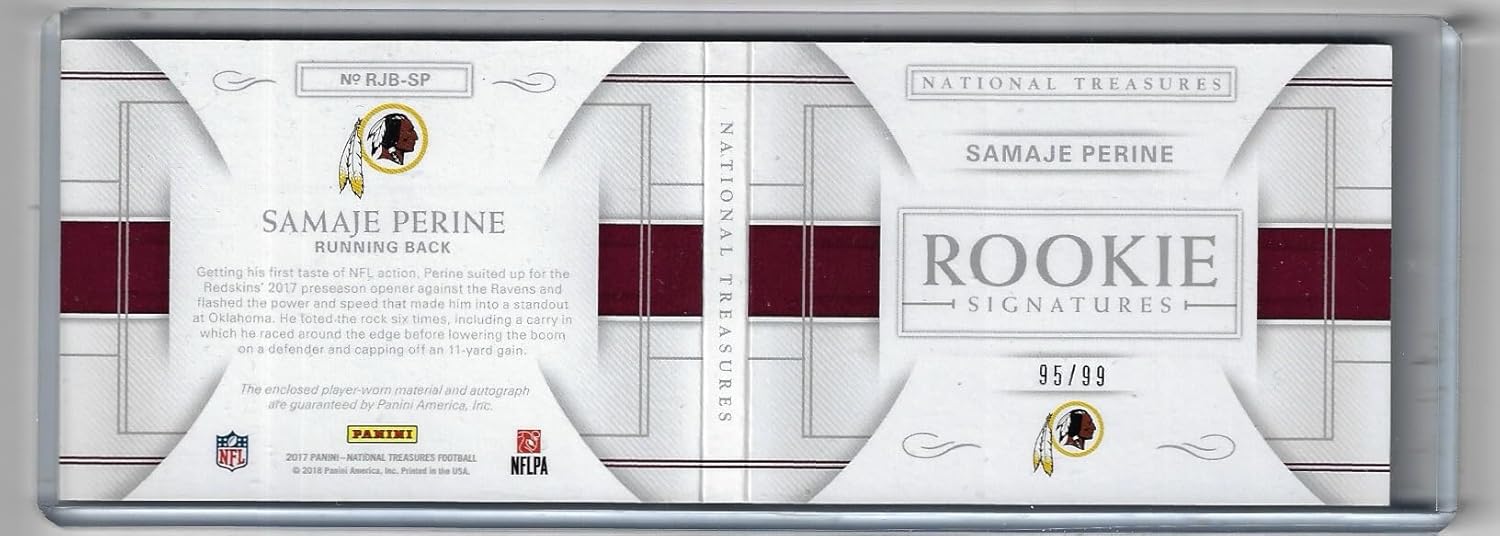 Samaje Perine Autographed & Serial Numbered #95/99 Jumbo Prime Signatures Booklet Vertical Variation Game Used Jersey Relic Memorabilia Booklet Auto Rookie Card Collectible Football Card - 2017 Panini National Treasures Football Card #RJB-SP (Washington)