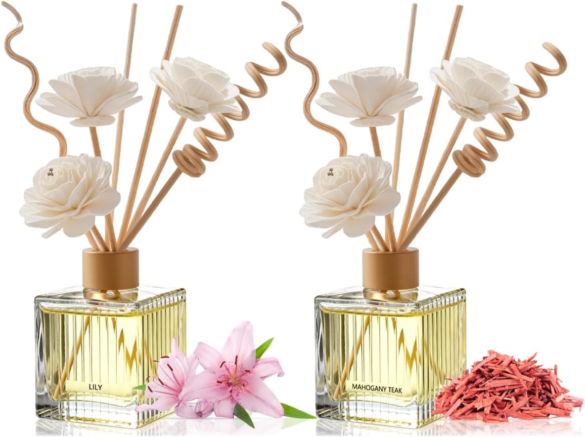 Lily & Mahogany Teak Premium Reed Diffuser Duo - 2×200ml Glass Bottles with Natural Rattan Sticks | Floral & Woody Home Fragrance Set for Living Room, Bedroom, Office | Adjustable Luxury Gift Collecti