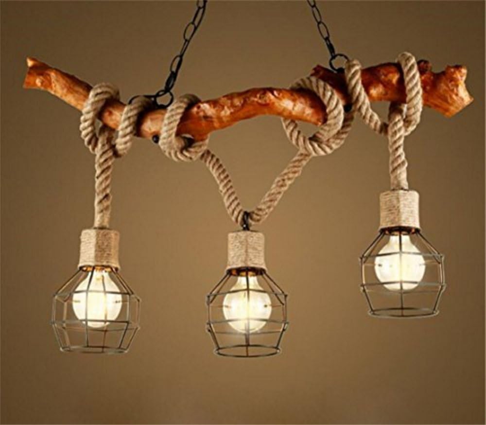 Rope Chandelier with 3 Bulbs Light Retro Pendant Lamp Dining Room Lamp Pendant of Pendant Light Vintage Industrial Decorative Country Style Rustic Jute, Nostalgic Ornament Halogen Bulbs [Energy Class A+++]