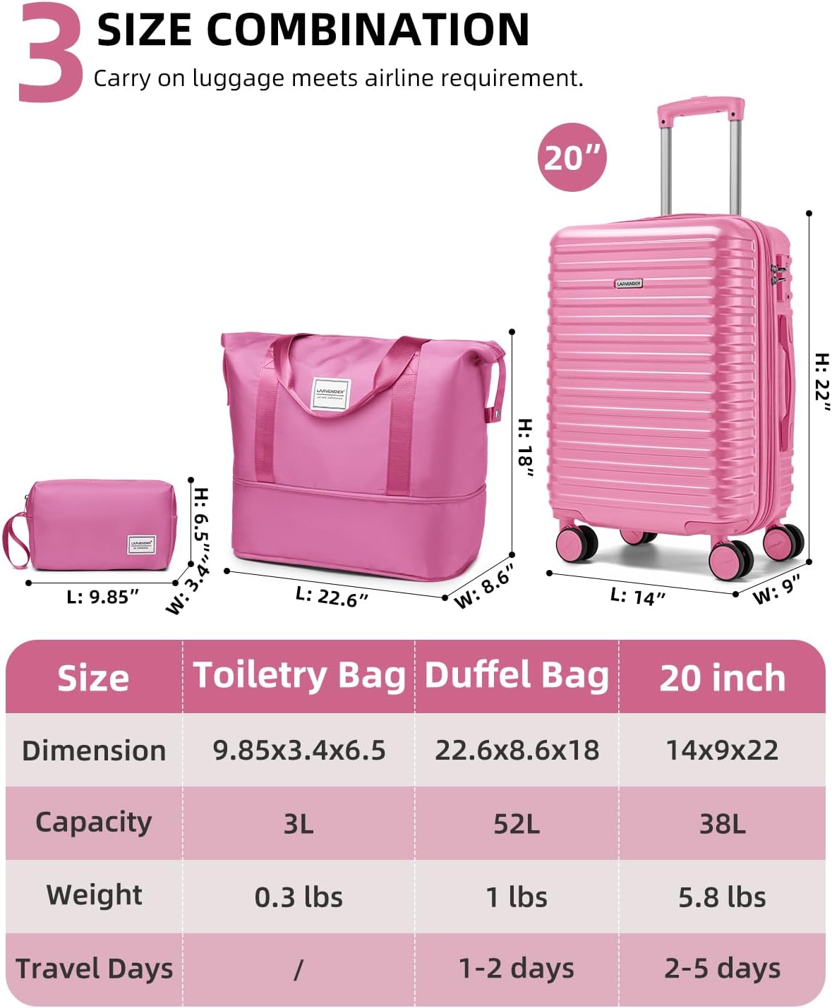 LARVENDER Carry on Luggage 22x14x9 Airline Approved, Expandable 20 Inch Hardside Suitcase with Wheels TSA Lock, PC+ABS Lightweight Carry on Suitcases for Women and Men, Berry (20/DB/TB)