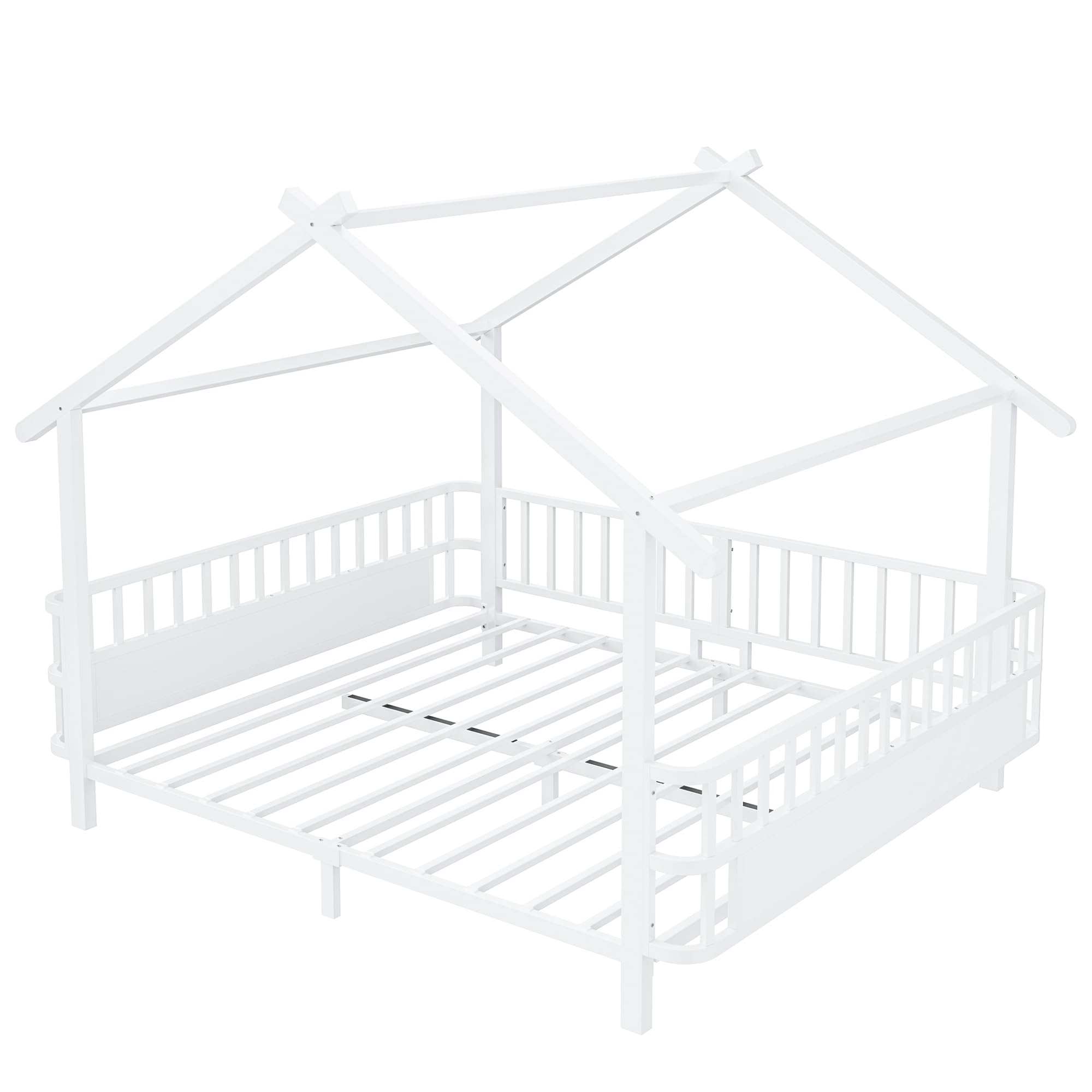 Merax Kinderbett aus Metall in Hausform 140x200 cm mit Sicherheitsgitter & Dachdesign – Weiß (Ohne Matratze)