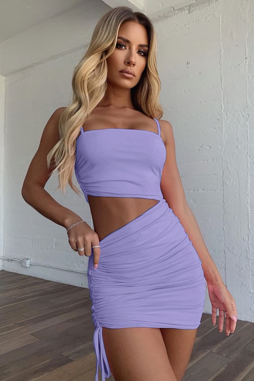 CHYRII Women's Sexy Spaghetti Strap Cutout Ruched Drawstring Club Bodycon Mini Dress Lavender XL