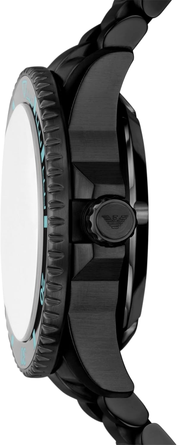 Side view of Emporio Armani Sea Explorer watch showing the screw-down crown