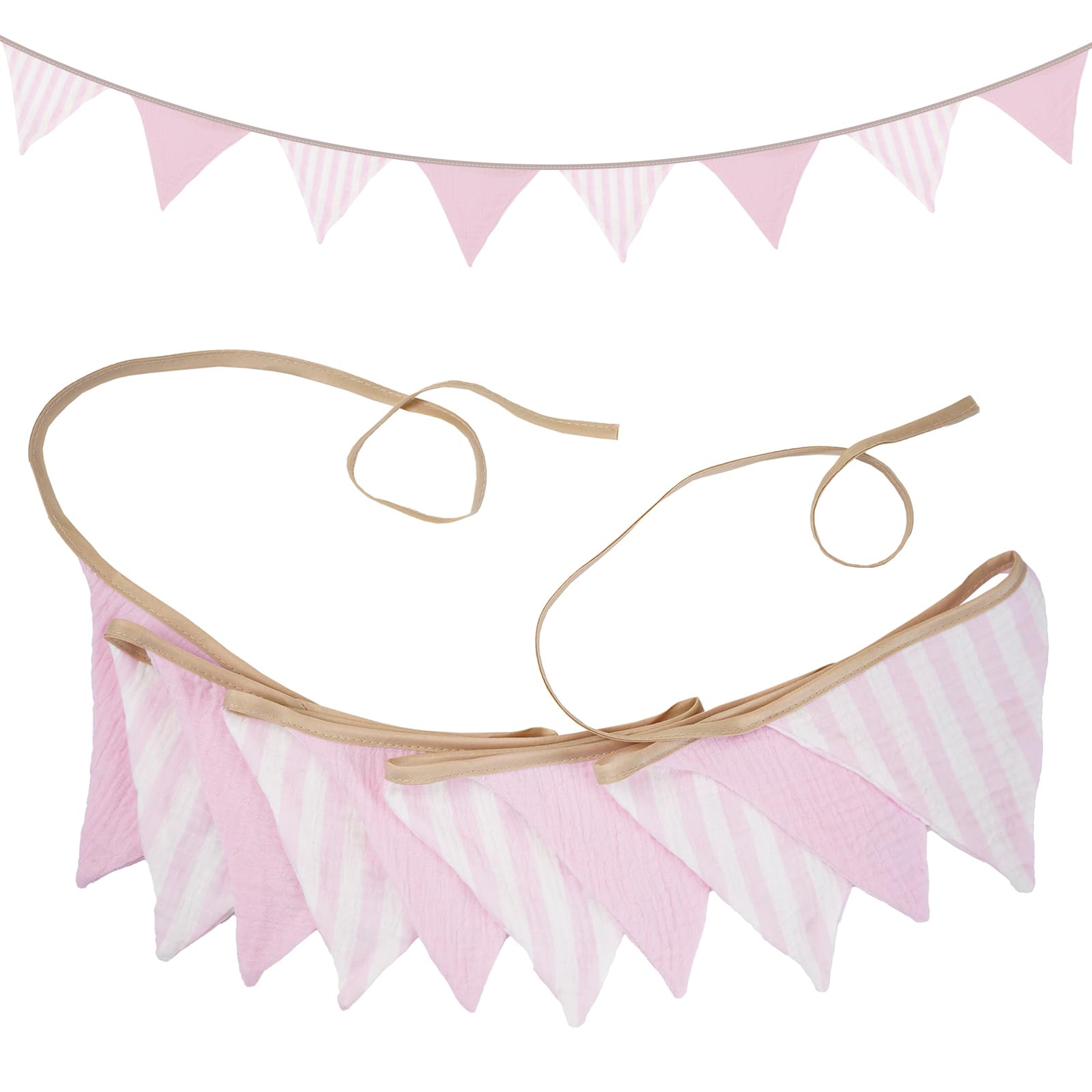 G2PLUS Muslin Fabric Bunting for Nursery: 10PCS Double Side Cloth Triangle Banner, Pink Cotton Bunting Banner for Baby Room, Nursery, Baby Shower Decor, 2.6m — image 1