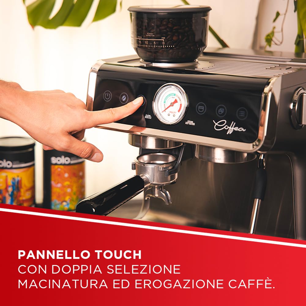 Polti Coffea G50S, Macchina da Caffè con Macina Grani Integrato, per Espresso e Cappuccino, 30 Livelli di Macinatura, Steamymilk Professionale per Montare il Latte, Argento