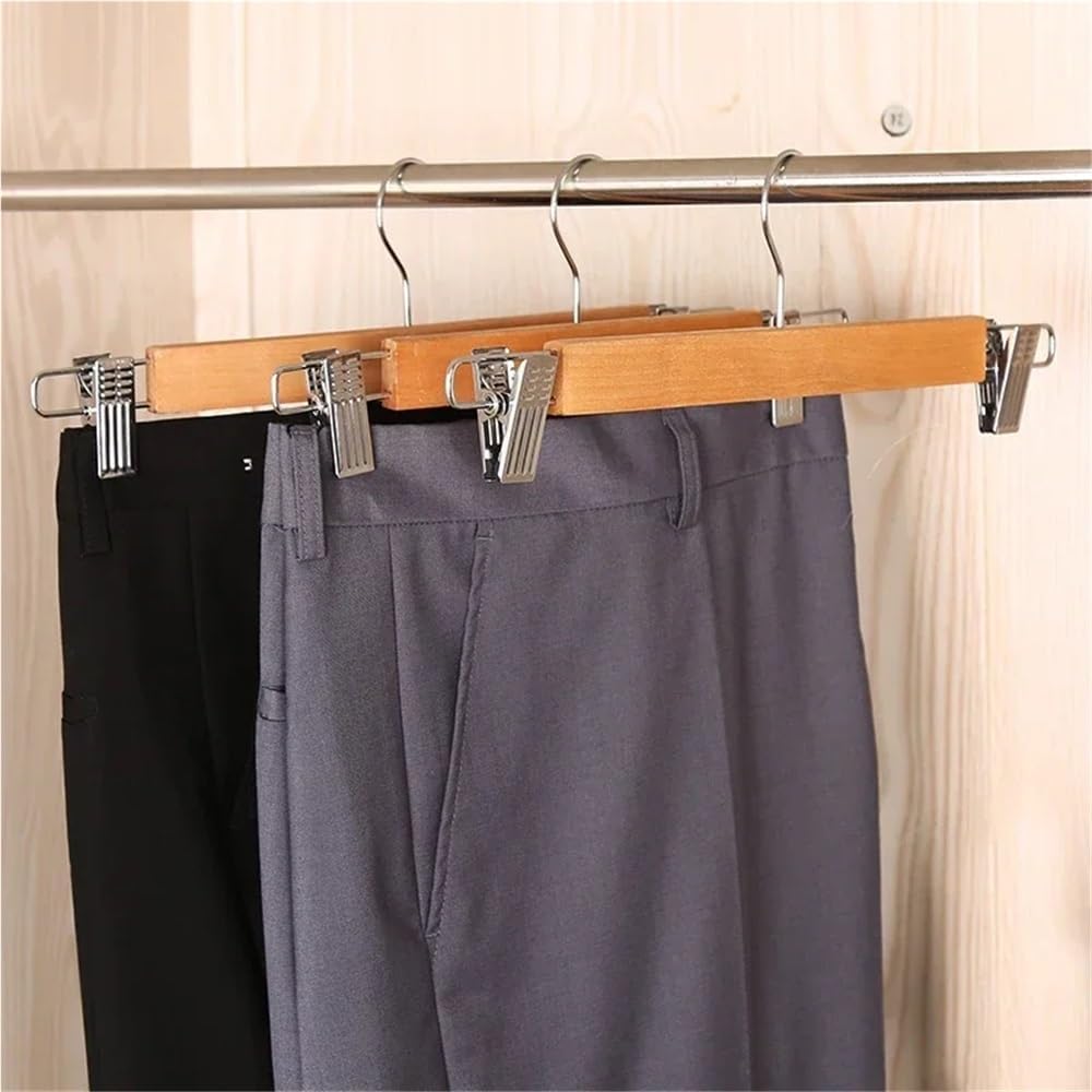Wooden Skirt Hangers with Adjustable Clips Non-Slip Trouser Hanger,Beige-10 PCS_L 33CM