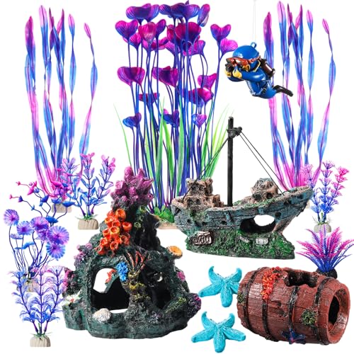 Zeyune 15 Pcs Fish Tank Decorations Mountain Ornament Broken Barrel Sunken Ship Artificial Seaweed Water Plants Colorful Coral Reef for Fish Bowl Aquarium Decor(Purple)