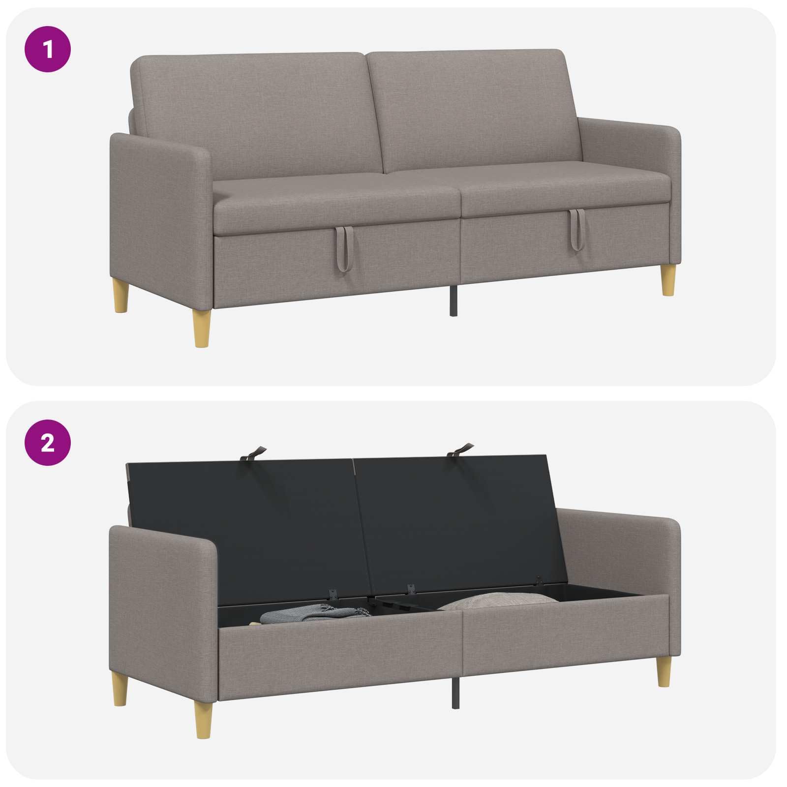 Canapé avec espace de rangement, taupe, 192 x 78 x 87 cm, polyester, canapé 3 places avec housse amovible, design peu encombrant, fonction relaxation, idéal pour le salon et la chambre d'amis