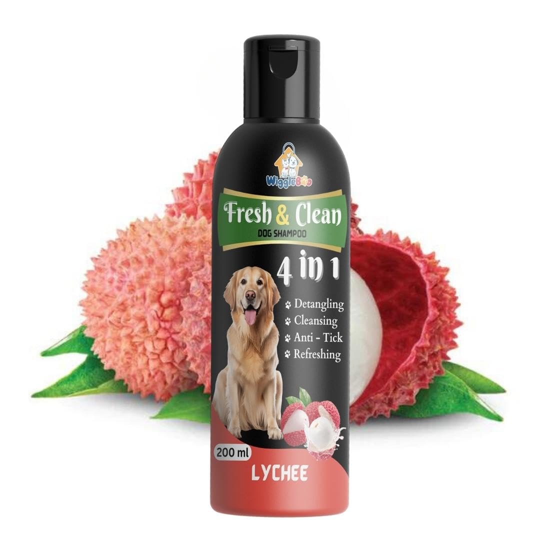 WiggleBoo Dog Shampoo 4-in-1 Fresh & Clean For Cleansing, Detangling, Anti-Tick, Refreshing Fragrance| Dog & Puppy-Friendly |Made in INDIA |All-Natural Care|Effective Cleansing|LycheeFragrance (200ml)