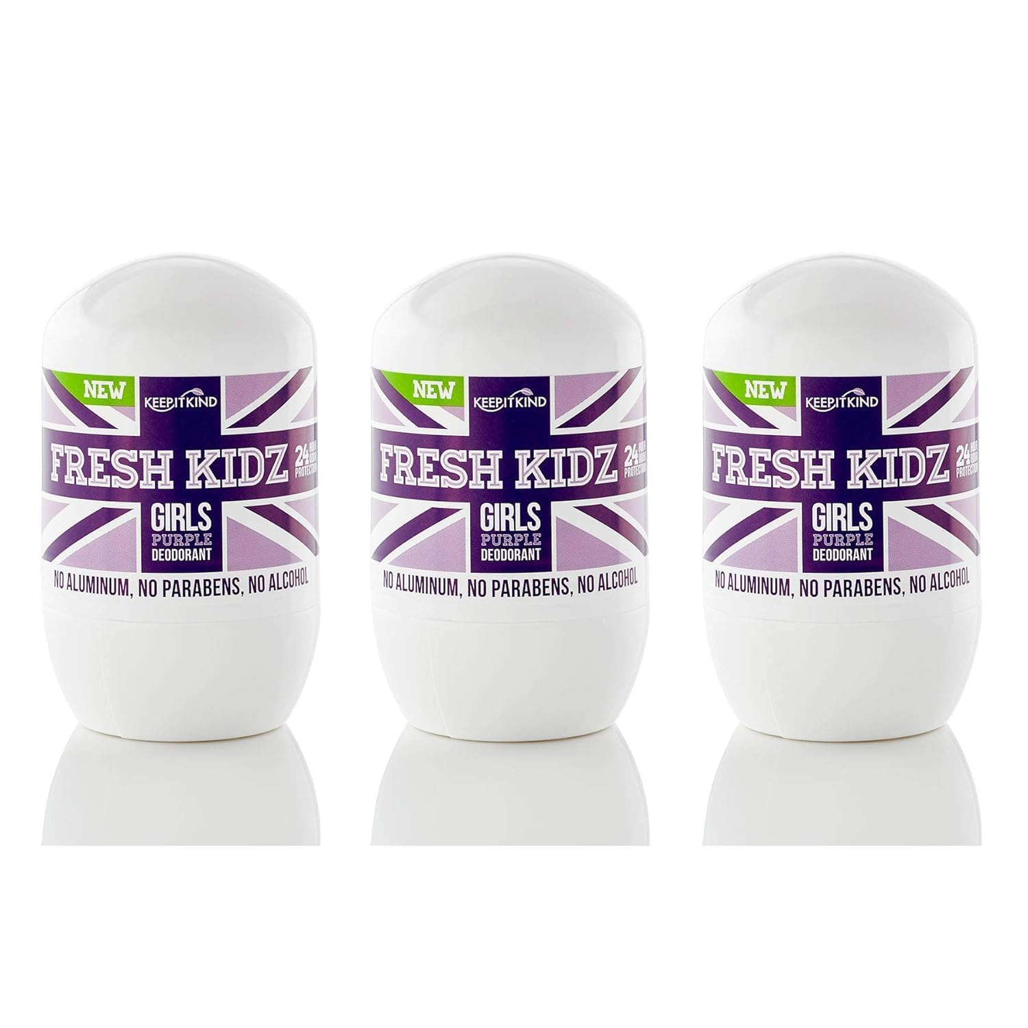Fresh Kidz Roll On Deodorant for Kids and Teens - Baking Soda and Aluminum-free 24 Hour Protection for Sensitive Skin - Girls "Purple" 1.86 fl.oz. (3 Pack)