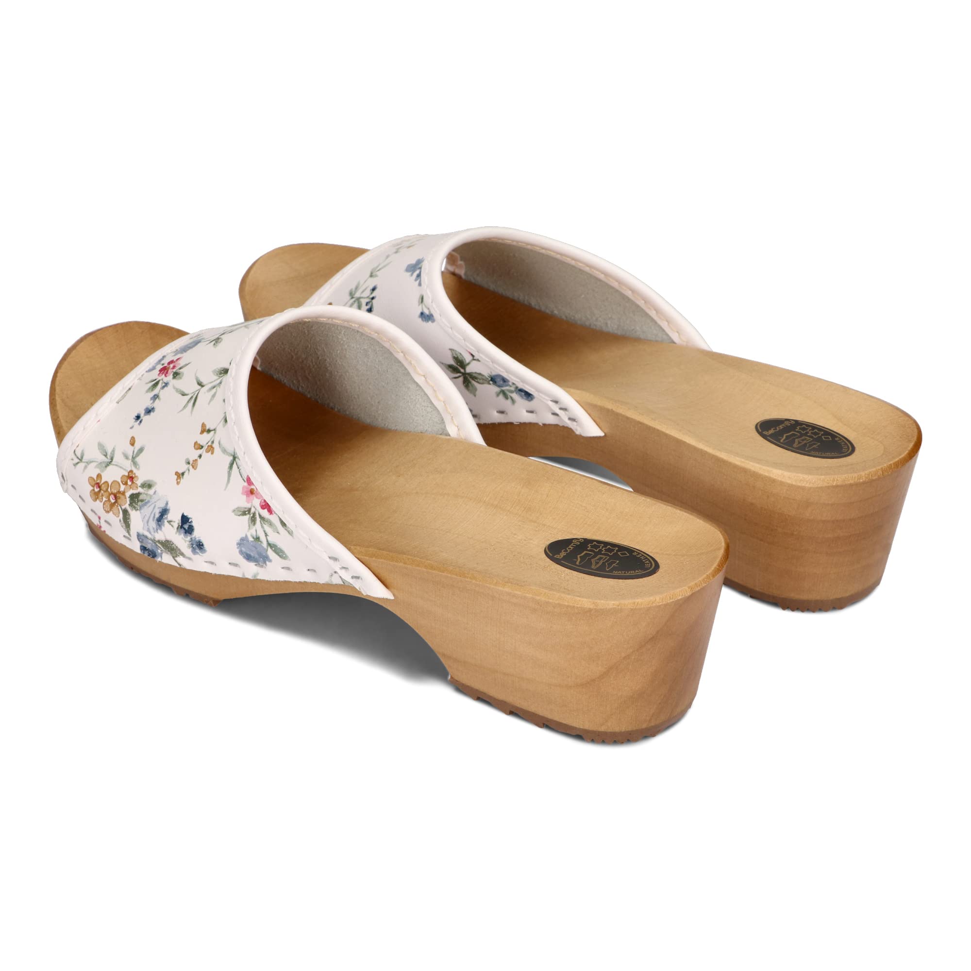 BeComfy Sabots en Cuir pour Femme avec imprimé Sandales Clogs Mules à Talons en Bois Couleurs mélangées Model VK10