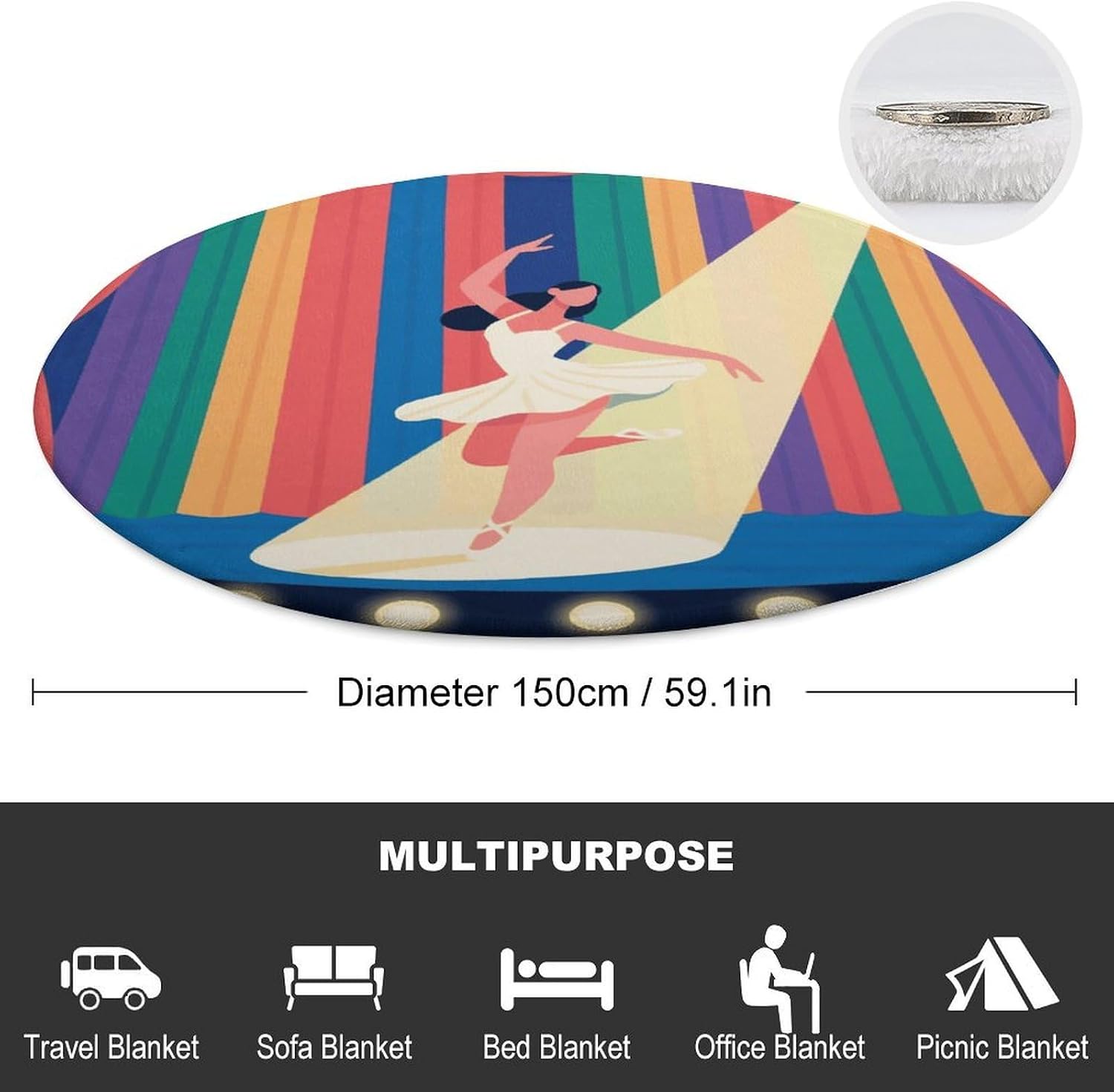 Dancer on Stage Throw Blanket Round Beach Towel | 59.1 Inch Circular Flannel blanket Large Soft Beach Blanket Lightweight Foldable Beach Towel Throw for Daily Leisure Use
