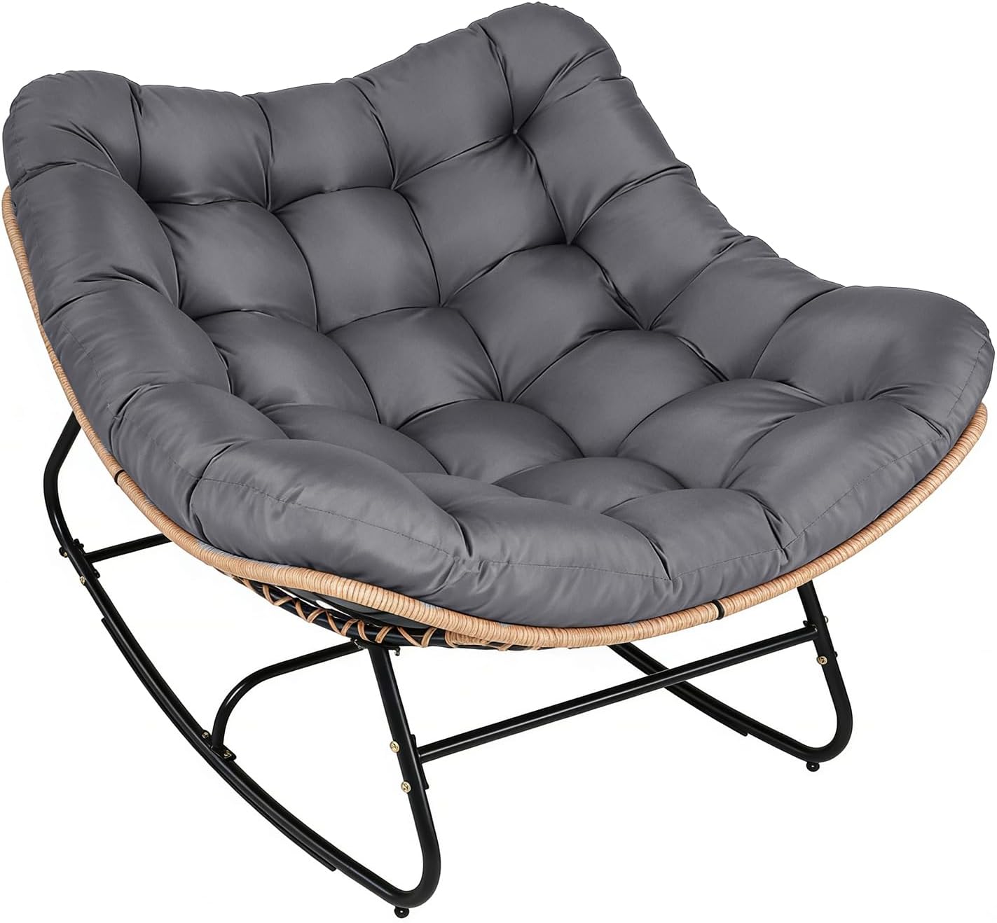 Crownland Outdoor Rocking Papasan Chair with Cushion, Patio Oversized Egg Rocker, All-Weather Wicker Rattan Lounge Chair for Living Room, Bedroom, Balcony, Porch, Garden - Dark Grey