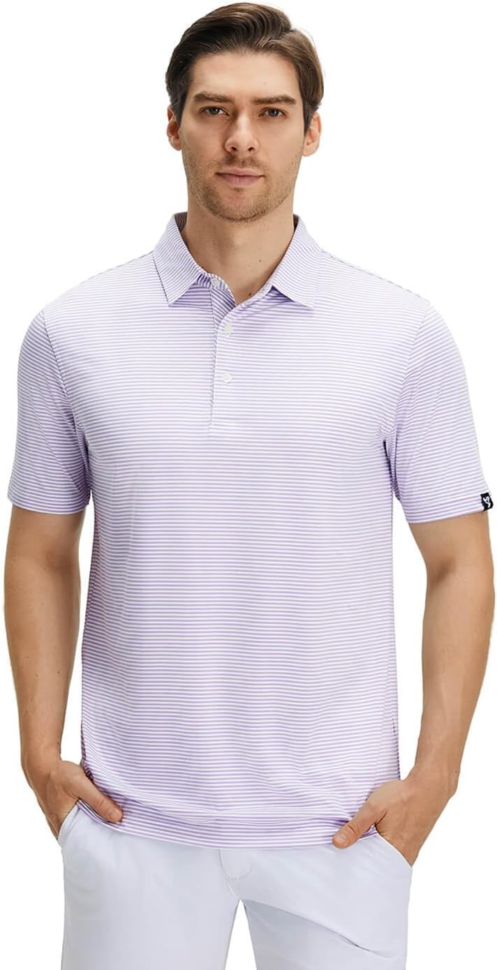 Men' s Golf Shirts Short Sleeve Performance Moisture Wicking Dry Fit Striped Golf Polo Shirts for Men