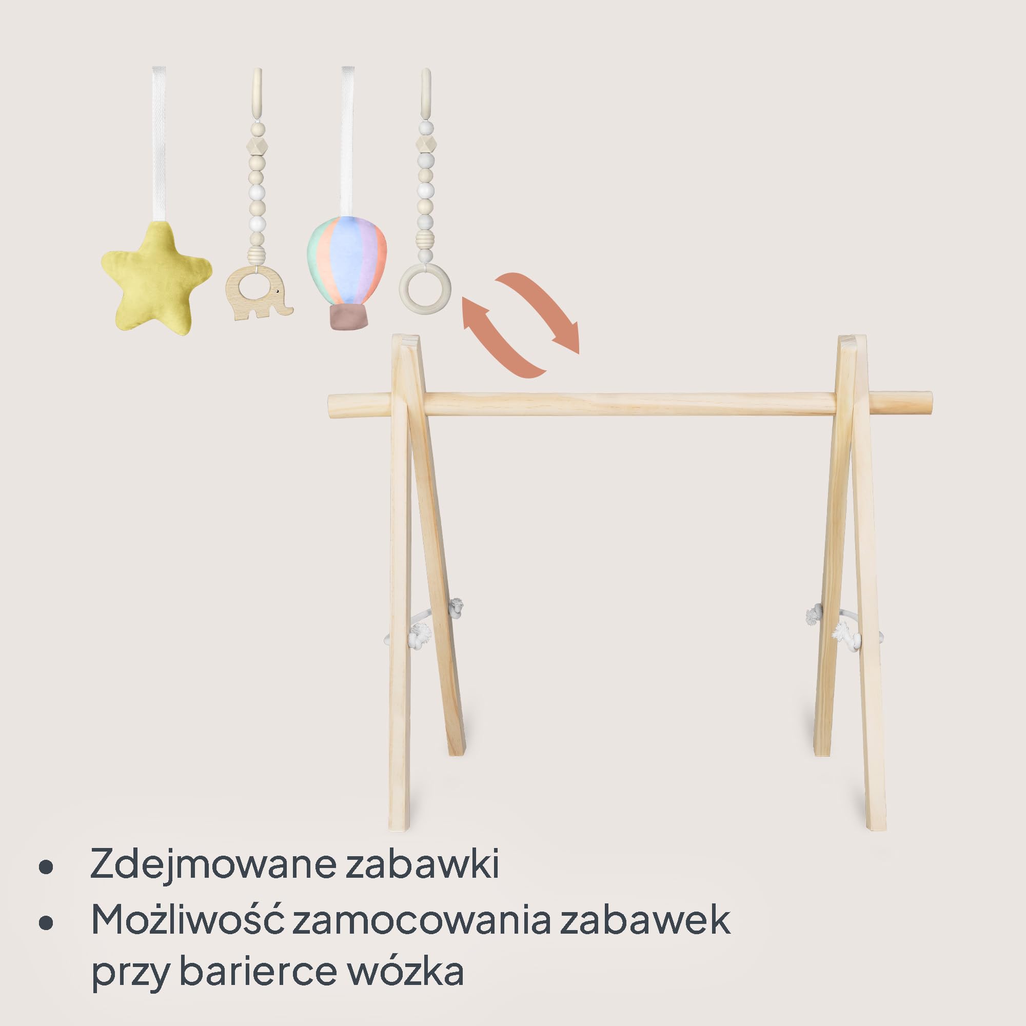 Lionelo Anis Set Mata Edukacyjna z Drewnianym Pałąkiem Miękka Bawełna dla Delikatnej Skóry, Antypoślizgowa 2 cm do Brzuszka i Raczkowania, 4 Zabawki Sensoryczne, Składana, na Prezent, 0+, 101 cm