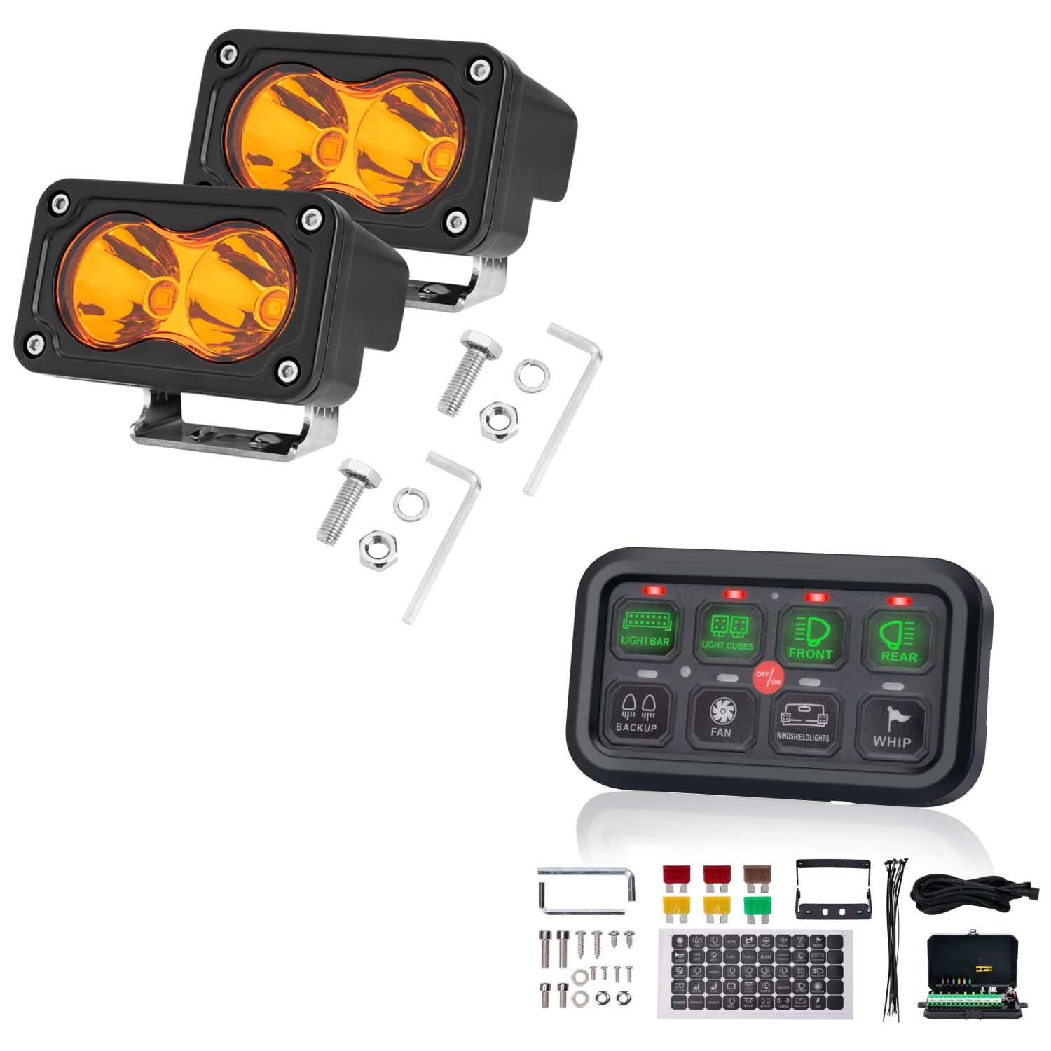 YCHOW-TECHAmber LED Pods 2PCS 3 Inch + 8 Gang Switch Panel