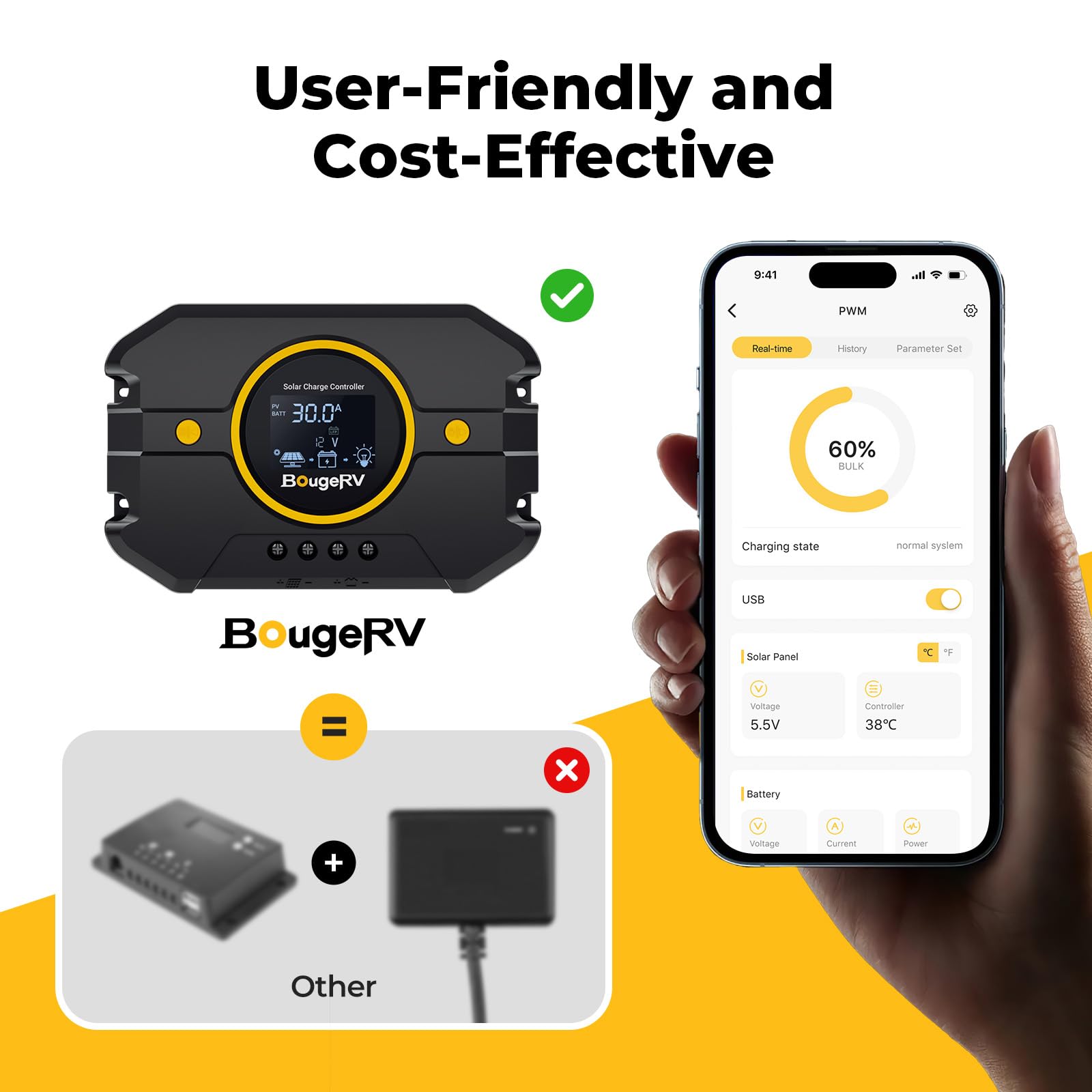 BougeRV Li - Controlador de carga solar PWM de 30 A 12 V 24 V, con pantalla retroiluminada, puerto USB, regulador inteligente de batería de tierra negativa para paneles solares compatible con LFP, AGM