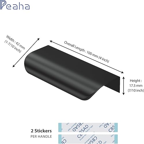 Miniatura 2 de Peaha Paquete de 6 tiradores de dedo negros para armarios de 4 pulgadas (3.937 in) de longitud total, manijas adhesivas para gabinetes, manijas de