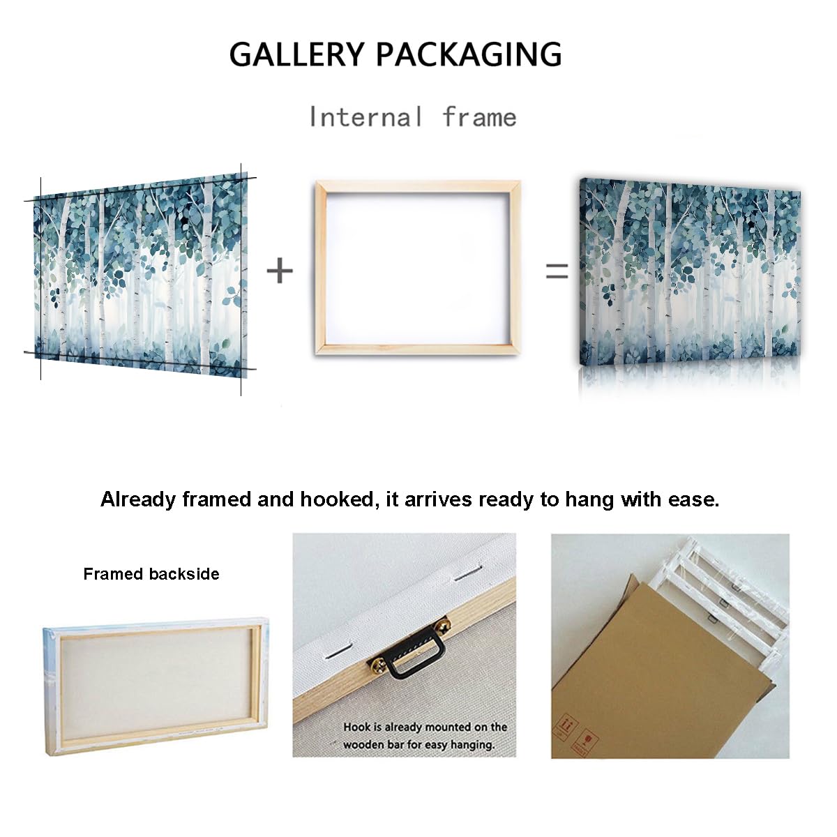 CHERHERART Dekoracje ścienne Zimowe drzewa wydruki na płótnie Cichy minimalistyczny obraz ścienny do biura niebieski biały brzozowy las plakat 80 x 130 cm ramka wewnętrzna