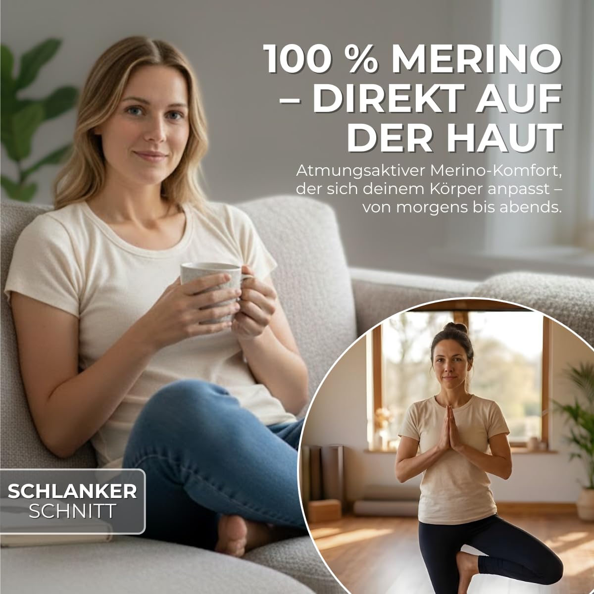 menique Damen Kurzarm T-Shirt Rundhals Leichtes Top 100% Merinowolle