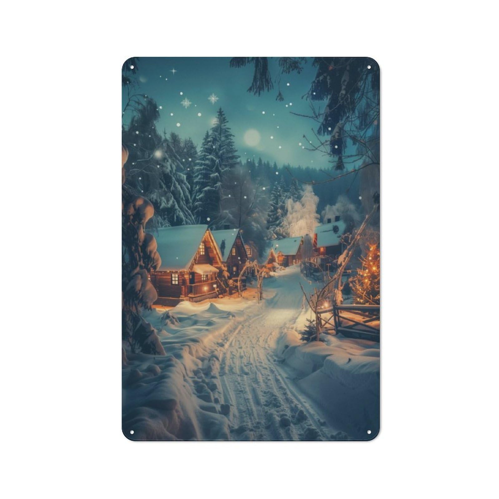 Junmoney Snowy Village Starry Sky For Garden Room Or Summerhouse, Vintage Tin Sign 30X20cm, A Metal Wall Feature For Garden Rooms And Summerhouses