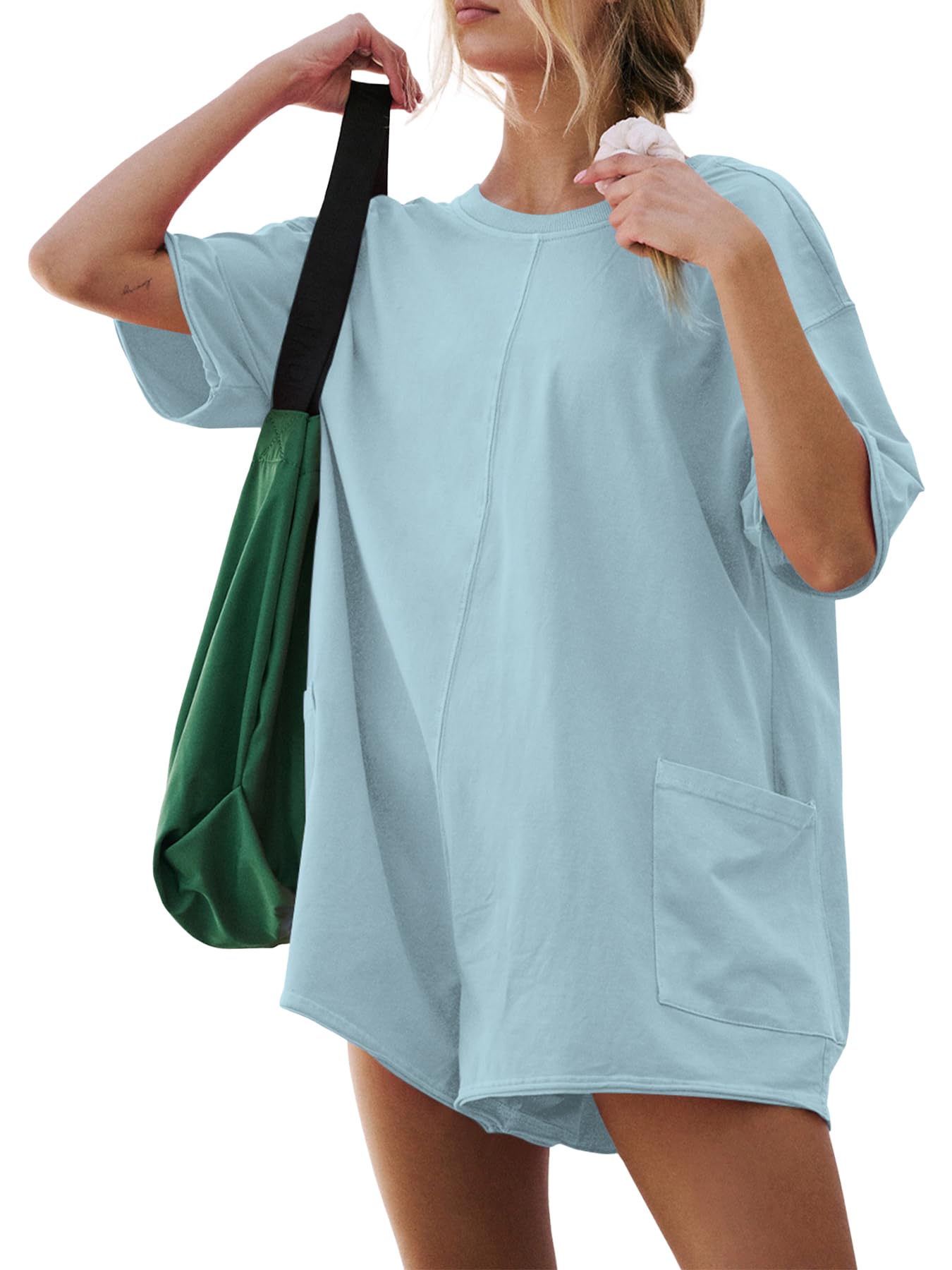 GTETKDERompers for Women Casual Short Sleeve Oversized Athletic Jumpsuits Workout Hot Shot Tee Romper Overalls with Pockets