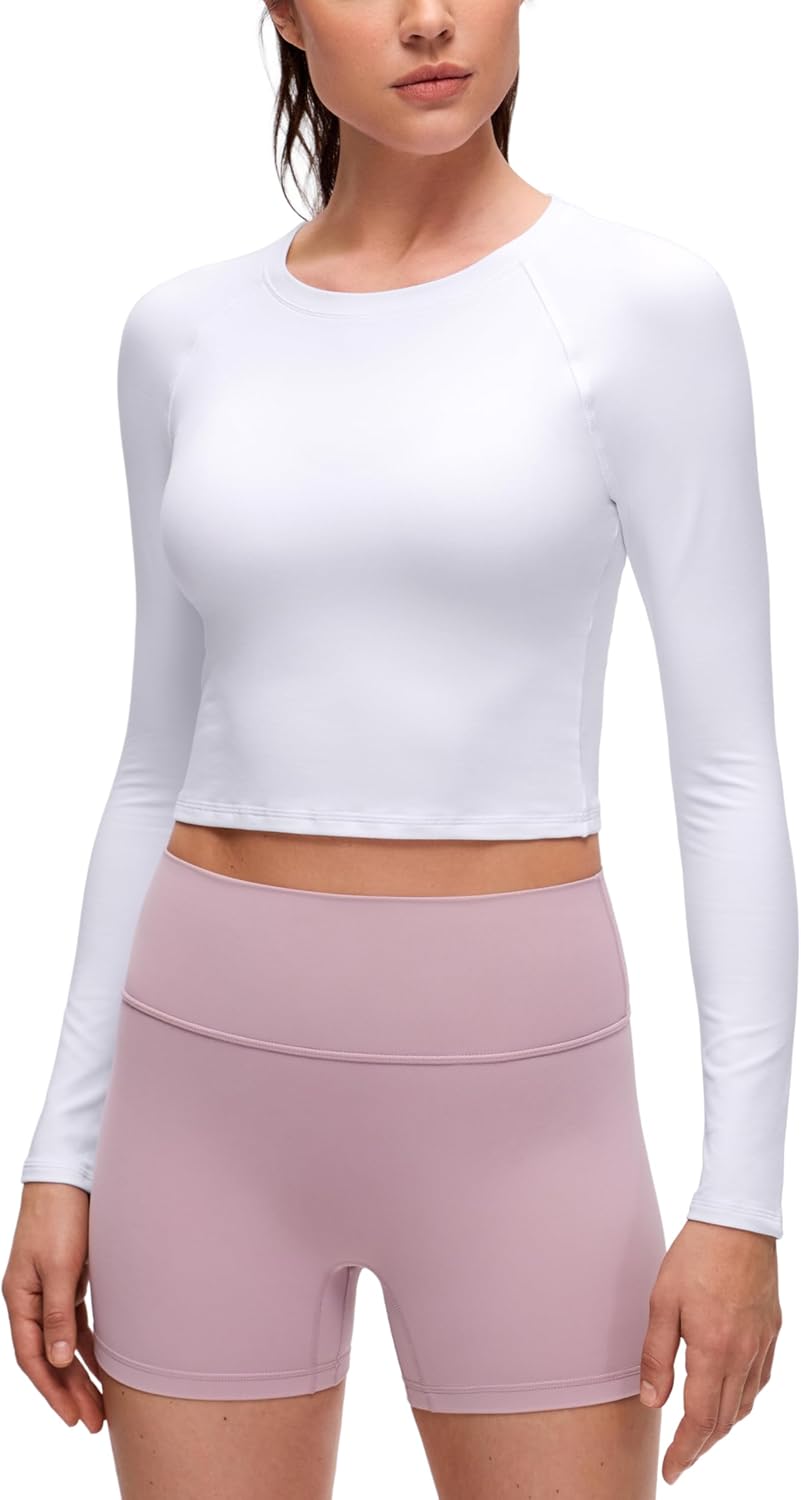 CRZ YOGA Brushed Workout Long Sleeve Shirts for Women - Warm Athletic Running Gym Yoga Tops Breathable Crop Crewneck Tees