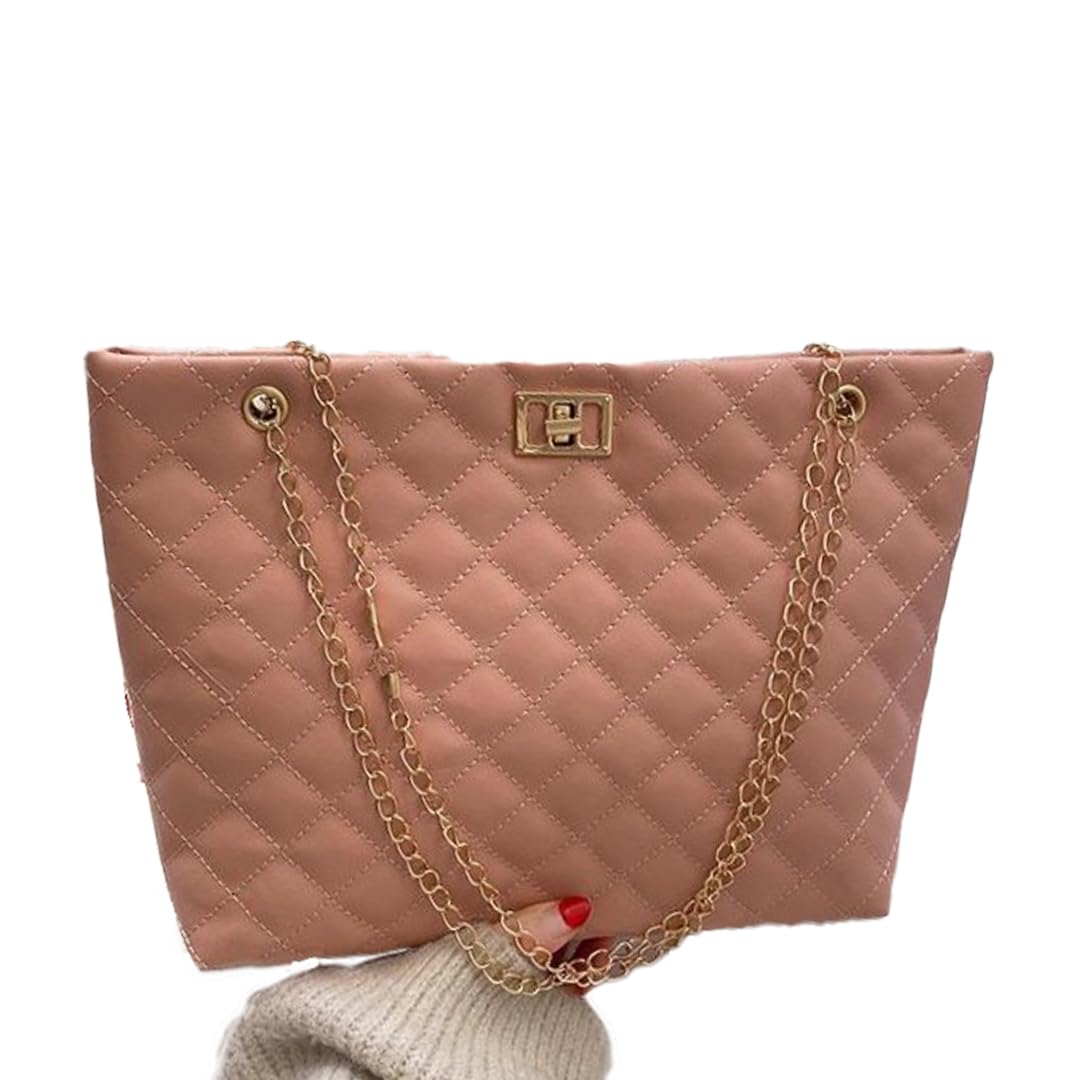 Quilted Shoulder Bag with Gold Chain Straps, PU Leather, luxurious gold-tone turn-lock clasp and matching dual-chain straps. Fashion Handbag for Women