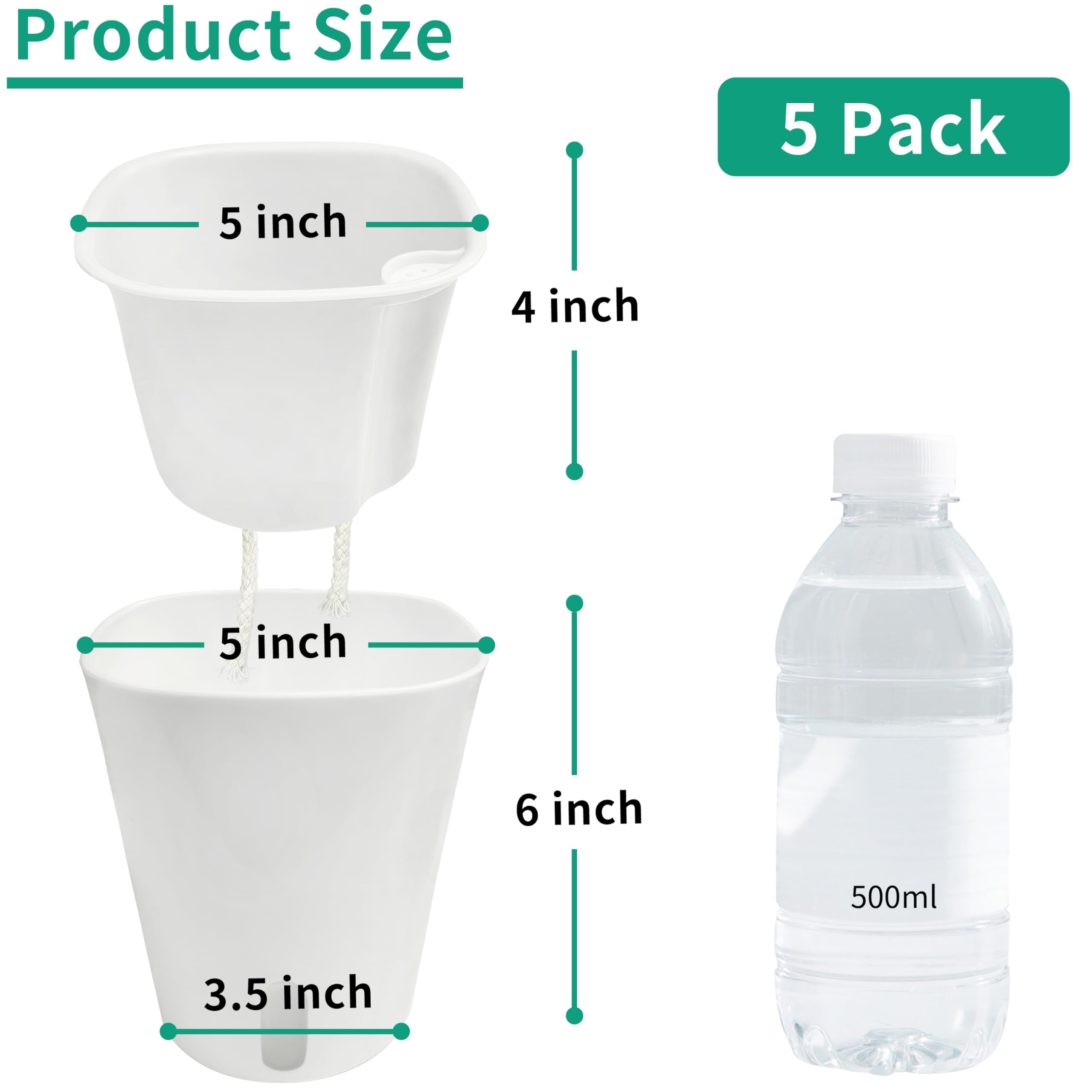 Macetas de riego automático de 5 pulgadas, 5 juegos de macetas de riego automático para plantas de interior con indicador de nivel de agua y múltiples rejillas de ventilación, macetas de riego