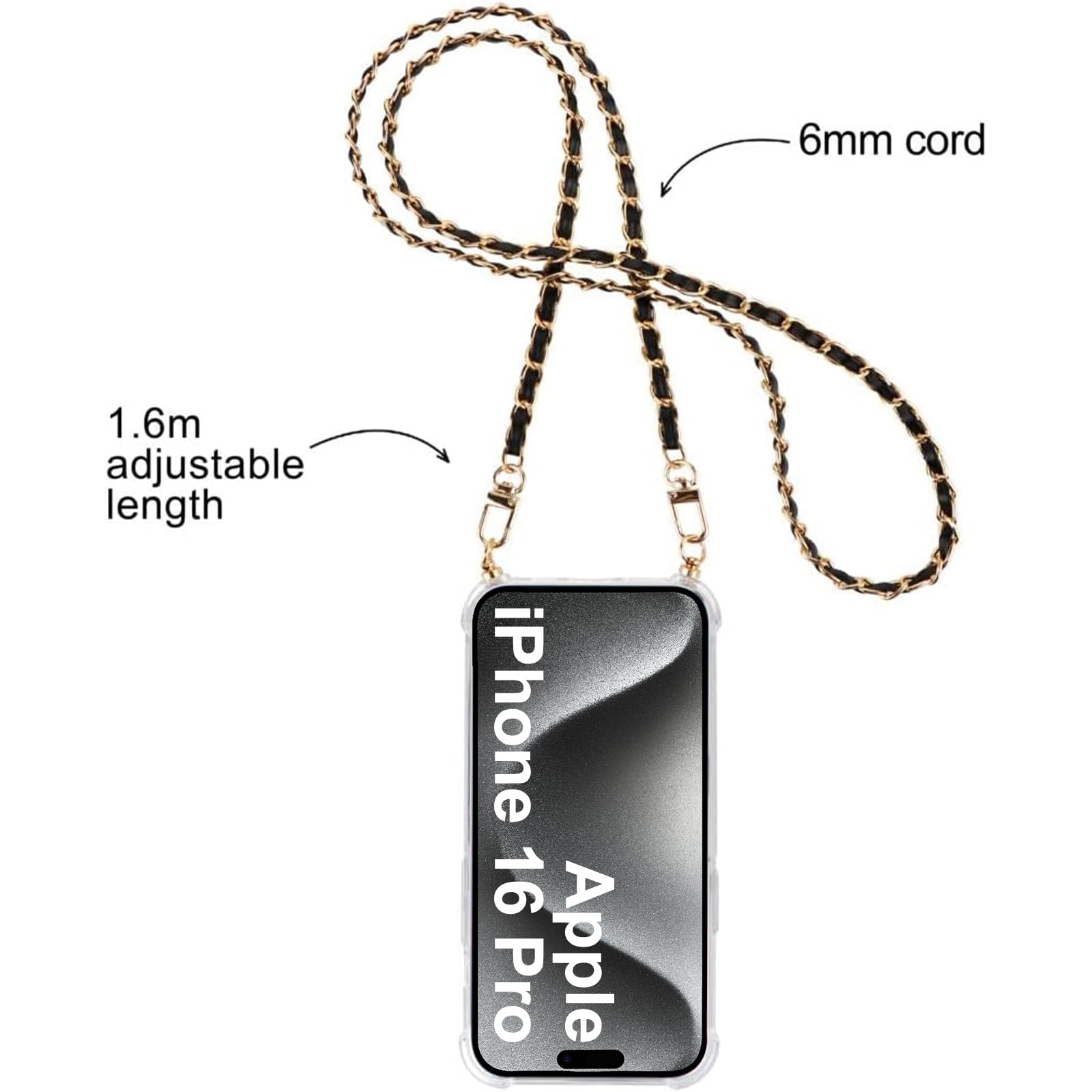 Custodia Per IPhone 16 Pro Con Cordino - Trasparente, Antiurto, Con Laccio Regolabile 150 Cm, Colore Nero