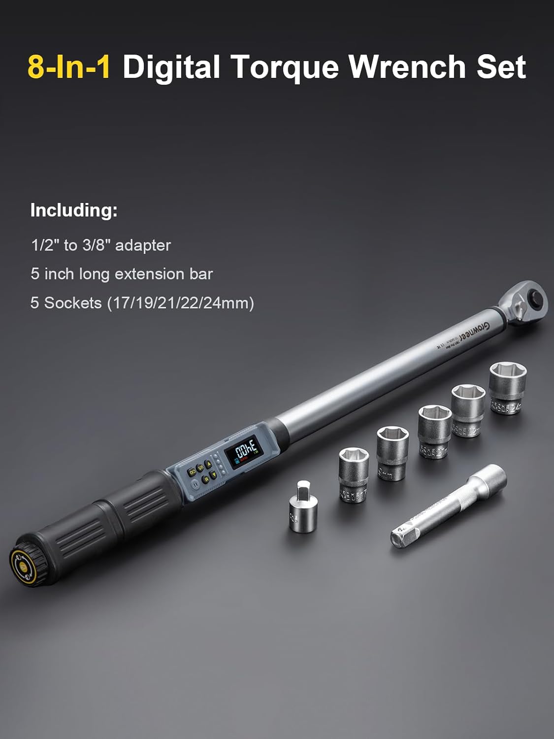GROWNEER Upgraded Digital Torque Wrench, 12.5-250.7 Ft-lbs/17-340 Nm, 1/2'' Drive Automotive Rachet Torque Wrench with Buzzer & Colorful LED Indicator, Electronic Wrench Set for Car Tires Auto Repair