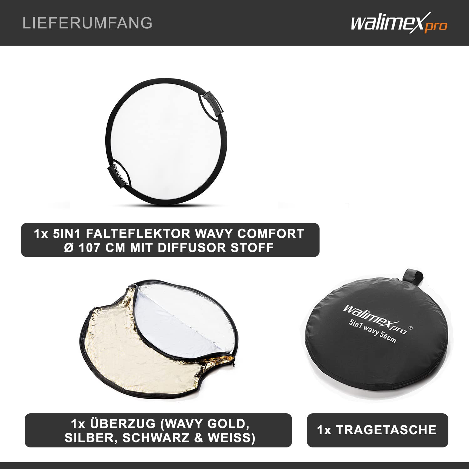 Walimex pro Zestaw 5 w 1 składany reflektor Wavy Comfort z funkcją Pop up - Ø 107 cm - Wavy-Gold srebrny biały czarny przezroczysty wraz z torbą transportową - fotoreflektor do zdjęć portretowych