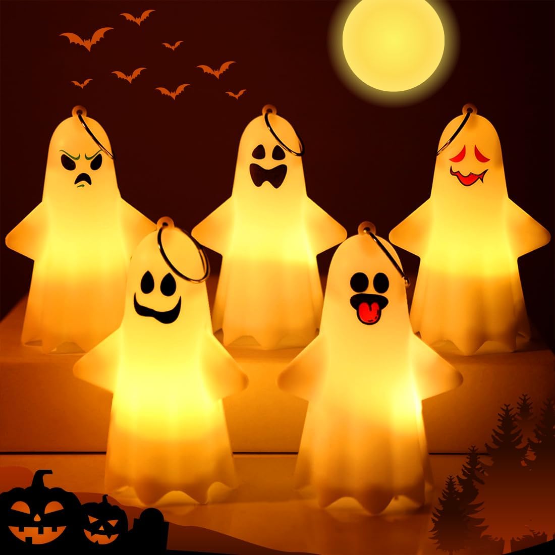 Fantômes Lumineux Suspendus Pour Halloween - 2 Pièces Blanc - Tissu Polyester, Résistant Aux Intempéries - 3 Modes D'éclairage (fixe, Clignotant)