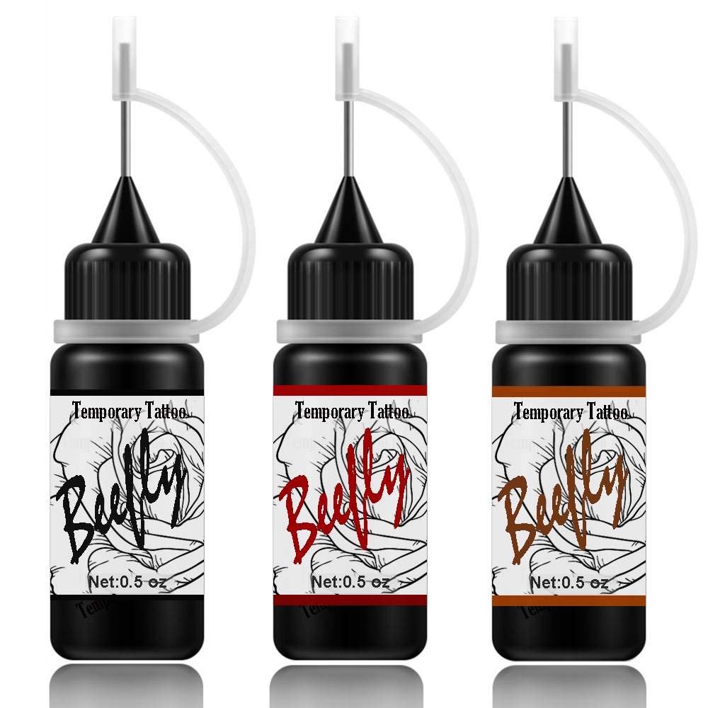 Semi Permanent Tattoo Freehand Organic Jagua Fruit Based 3 Bottle with Tattoo Stencils (Black/Red/Brown)