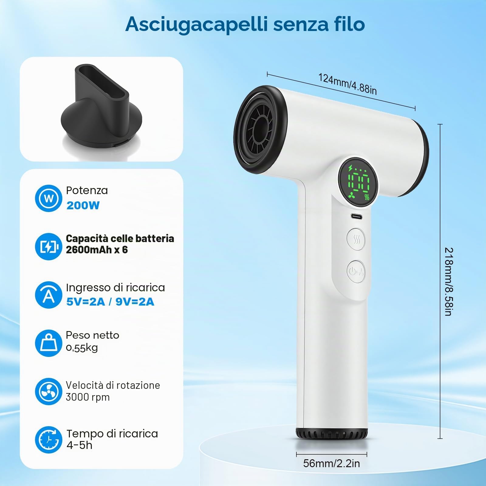 Pro - Asciugacapelli da viaggio a batteria, 15600 mAh, senza fili, con 100 temperature e velocità, con display digitale, per campeggio, viaggi, hotel, colore bianco