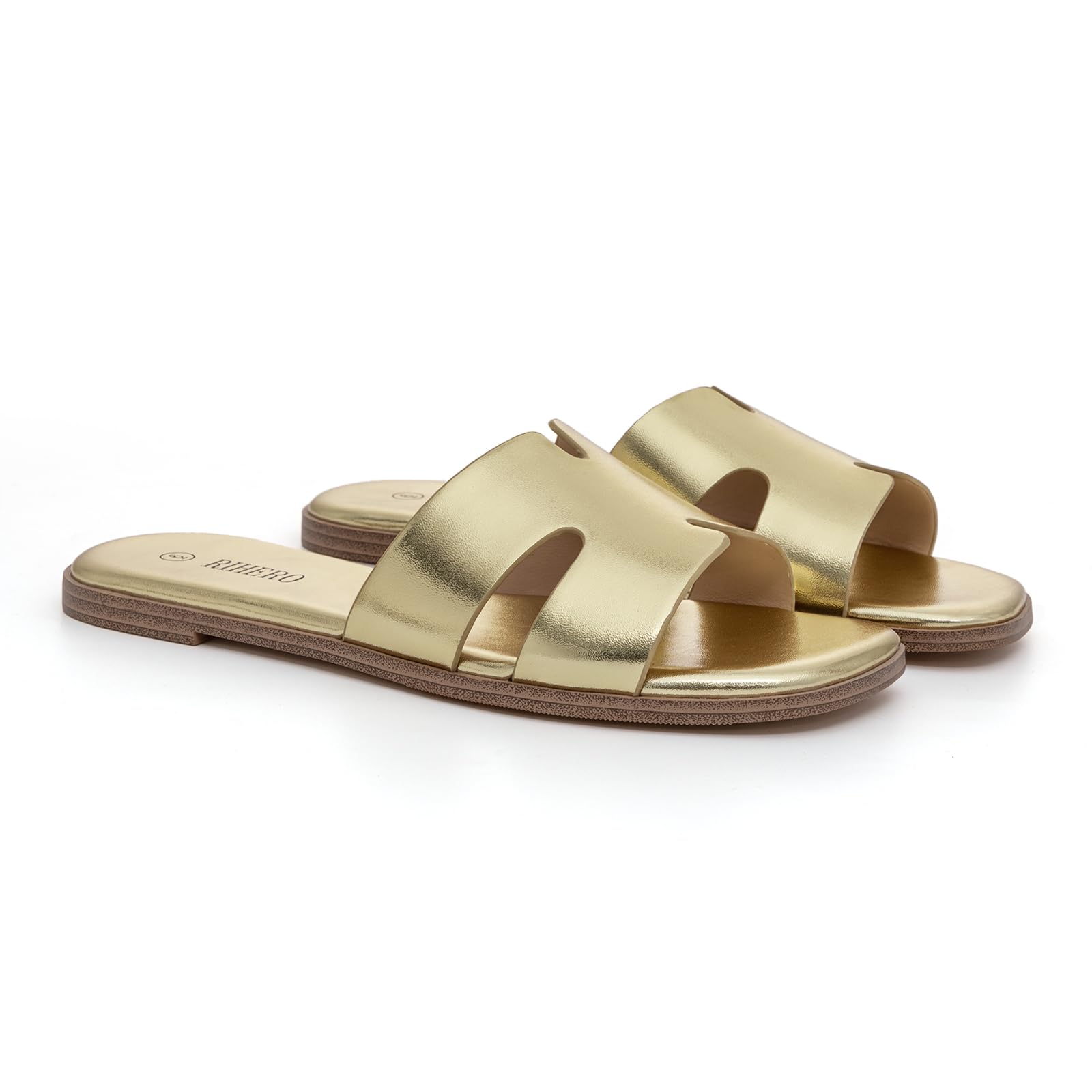 Rihero Women's Dressy Flat Sandals Comfortable Slip On Leather Slide Sandals: 11 Gold