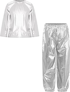 Loodgao Modern Jazz Hip Hop Dance Outfit for Kids Boys Girls Shiny Metallic Long Sleeve T-Shirts with Pants Set